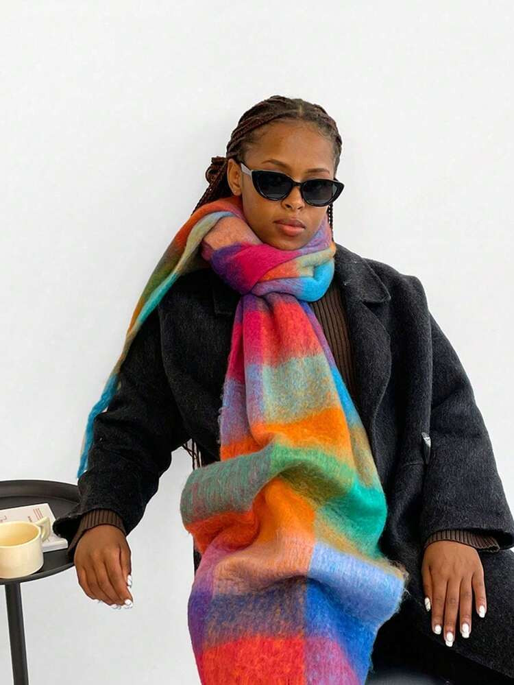 1pc Women's Solid Color Fluffy Long Scarf, Warm Neck Accessory For Winter; Colorful Plaid Oversized Thick Fringed Knit Shawl Wrap | SHEIN