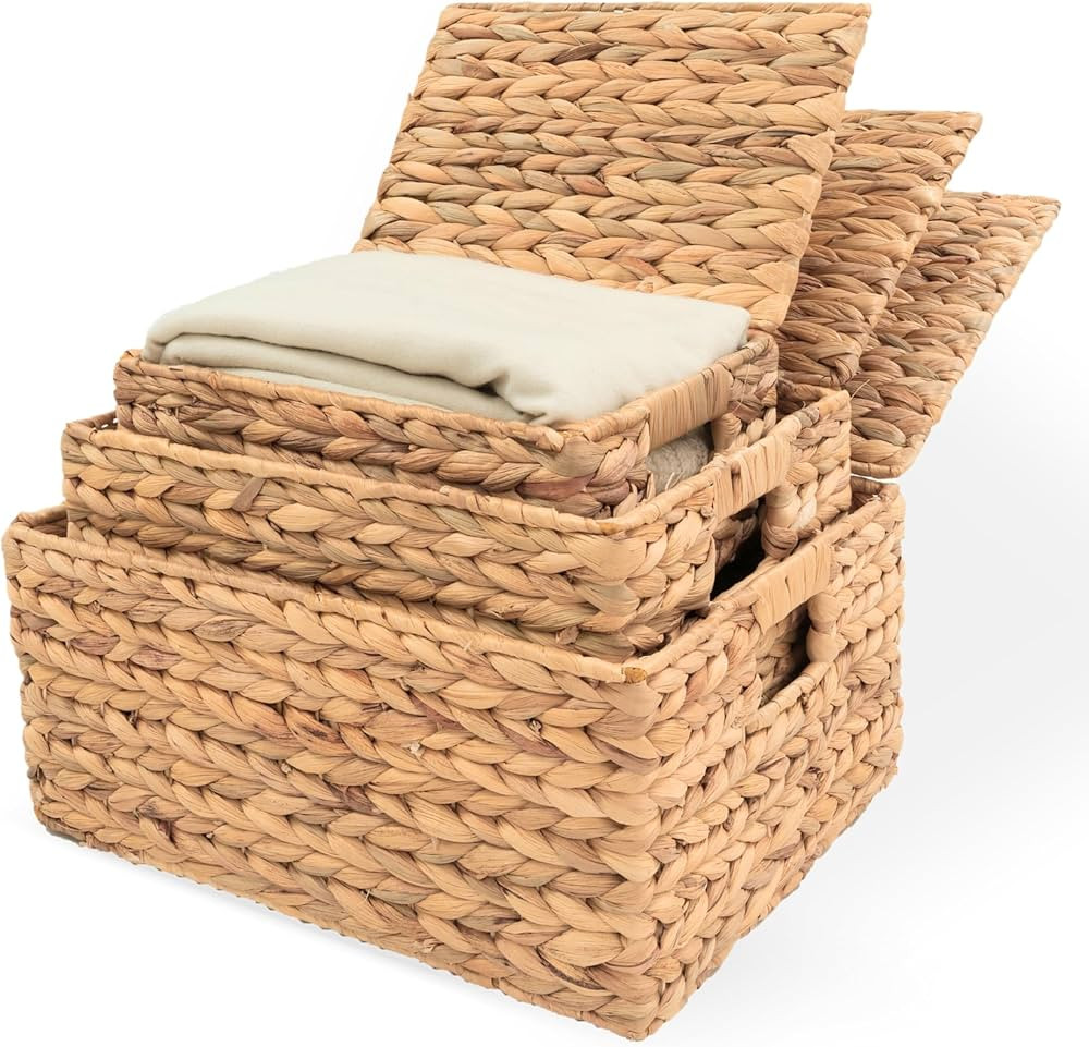 Wicker Storage Baskets with Lid, Basket With Lid Decorative Storage Rectangle 14"D X 11"W X 7"H W... | Amazon (US)