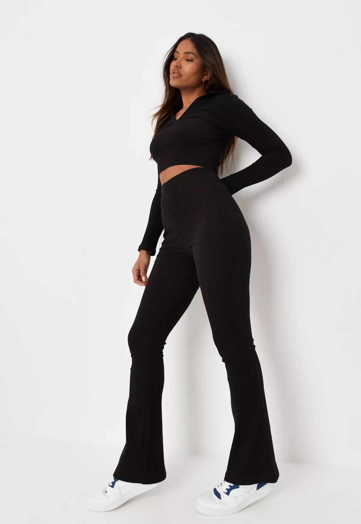 Missguided - Black Rib High Waisted Flared Pants | Missguided (US & CA)