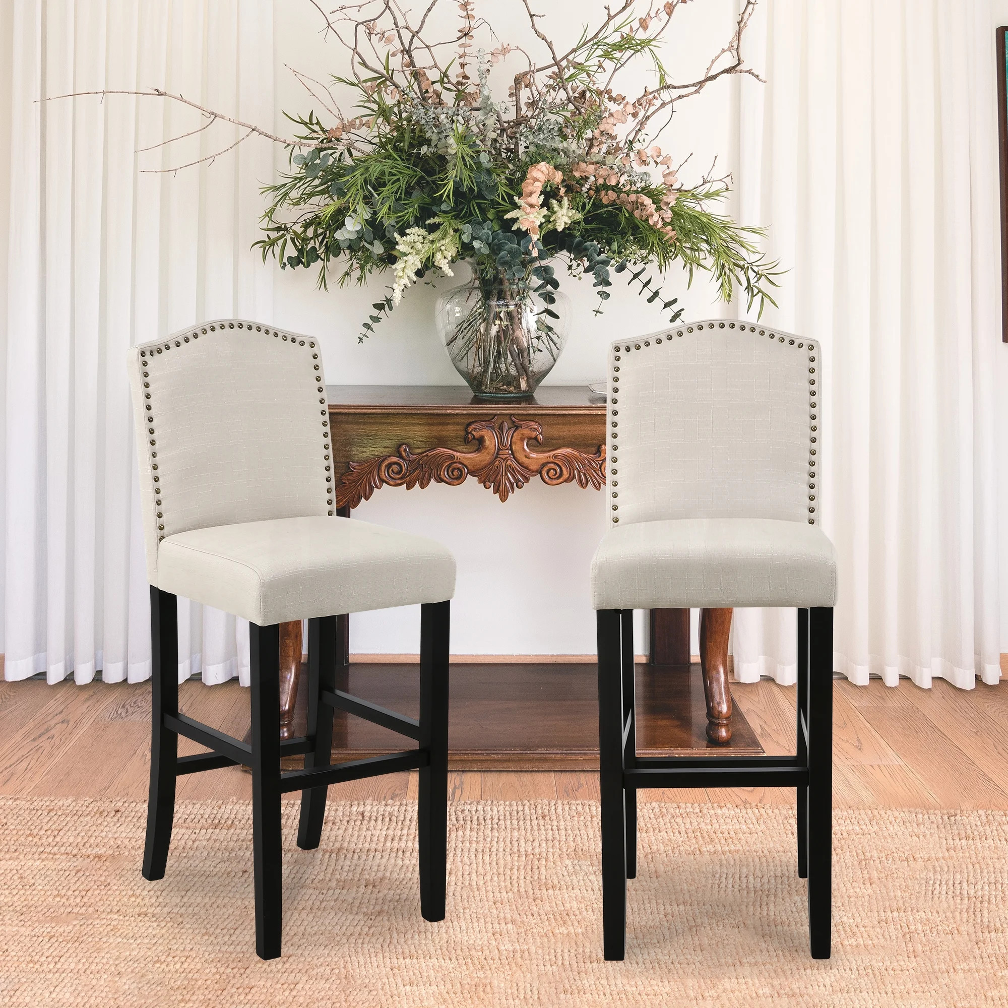 Full Back Fabric Upholstered Beige Bar Stool with Nailhead Trim, Set of 2 | Walmart (US)