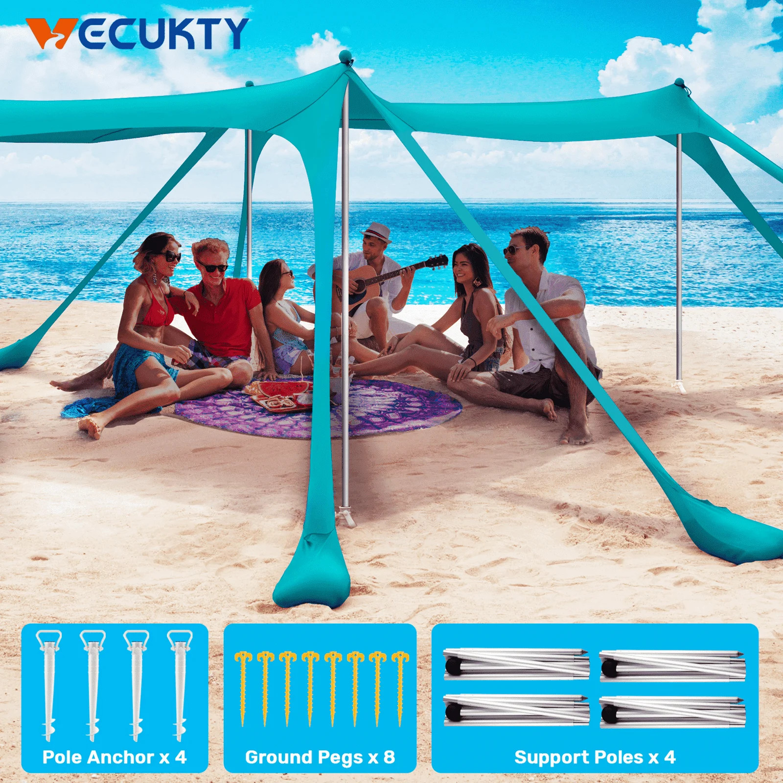 VECUKTY Beach Tent Sun Shelter 10 x 10FT with 8 Sandbags, UPF 50+ Protection Beach Shade Canopy, ... | Walmart (US)