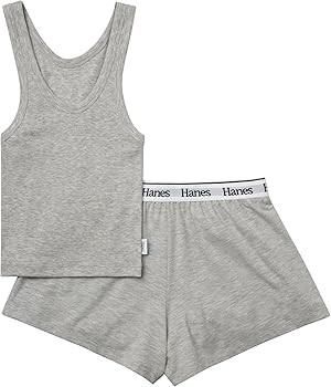 Hanes Women's Originals Comfywear Rib Crop Tank and Sleep Shorts, 2-Piece Set | Amazon (US)