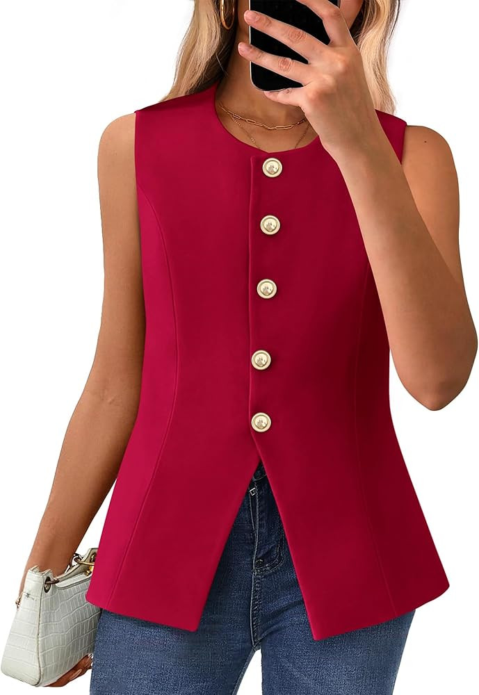 BTFBM Summer Sleeveless Blazer Vest For Women Dressy Button Down Round Neck Business Casual Outfi... | Amazon (US)