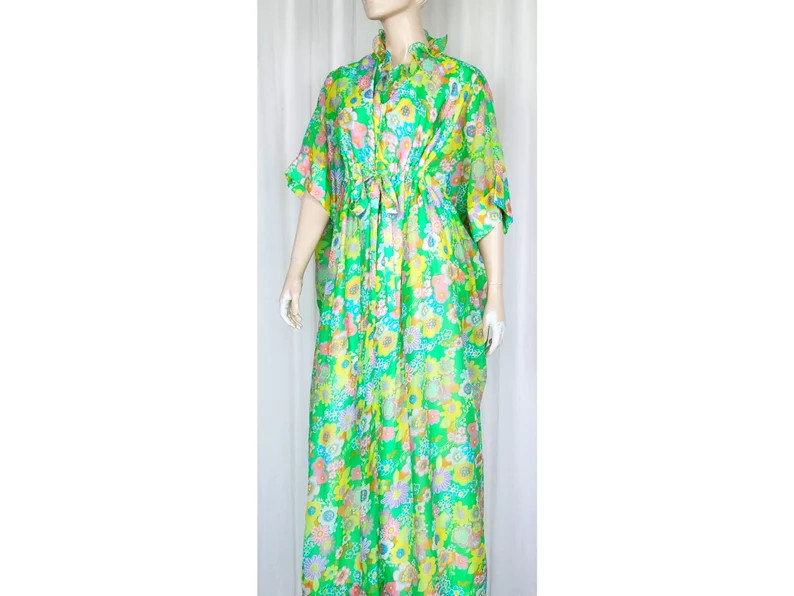 Vtg 60s 70s Psychedelic Floral Kaftan Hostess Front Zip M - Etsy | Etsy (US)