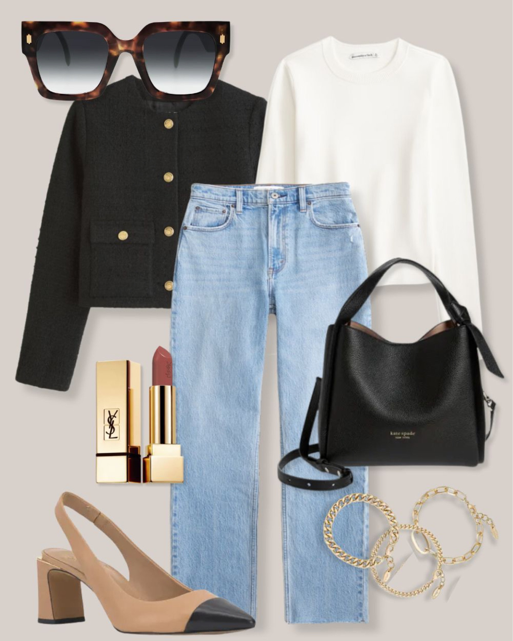 Black lady jacket
Black jacket
Black tweed jacket
White sweater
White long sleeve top
High waisted jeans
Light wash jeans
Black bag
Pink lipstick
Cap toe heels
Gold bracelets
Tortoise sunglasses
Smart casual outfit
Winter work outfit
Spring outfit
Neutral outfit
Abercrombie outfit

#LTKfindsunder100 #LTKworkwear #LTKSeasonal