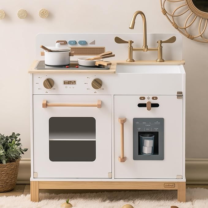 ROBUD Wooden Kids Kitchen | Play Kitchen Toy with Sound & Light, Stove, Oven, Pot, Utensils and A... | Amazon (UK)