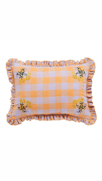 Leinikki Gingham Frill Embroidery Cushion - Apricot | Trouva (Global)