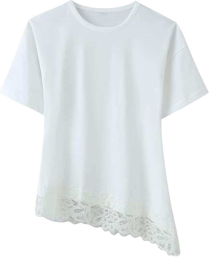 Chevara Women’s Lace Patchwork T-Shirt Short Sleeve Round Neck Asymmetric Top Summer Streetwear... | Amazon (US)