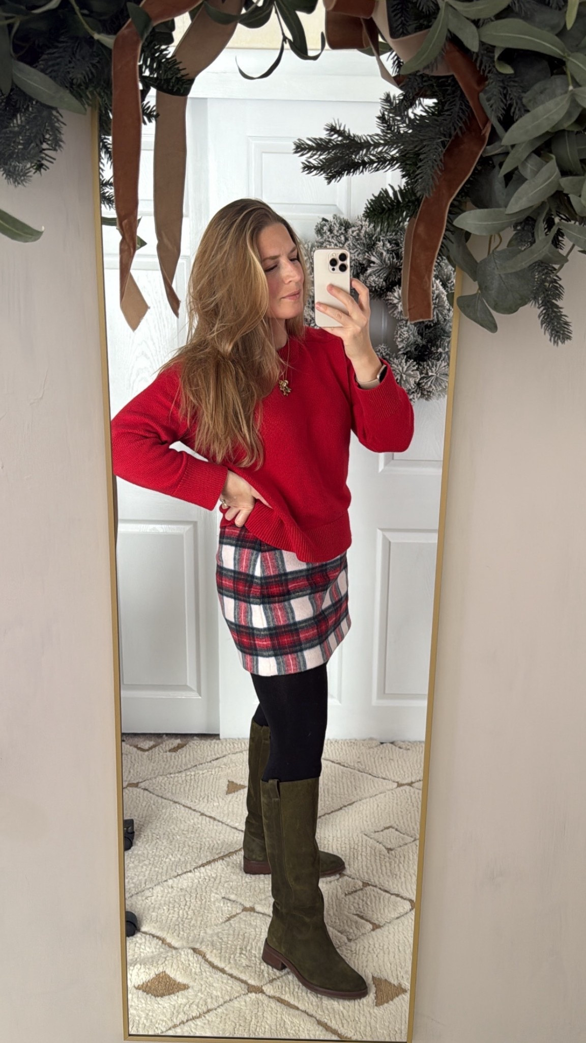 Christmas outfit, plaid skirt, green boots, arch wreath, red sweater, tights, winter outfit, Christmas break 

#LTKFindsUnder100 #LTKHoliday #LTKootd