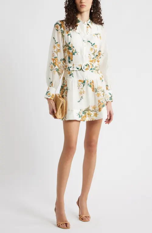 Chelsea28 Lace Trim Belted Long Sleeve Mini Shirtdress in Ivory- Brown Jessica Floral at Nordstrom, Size Large | Nordstrom
