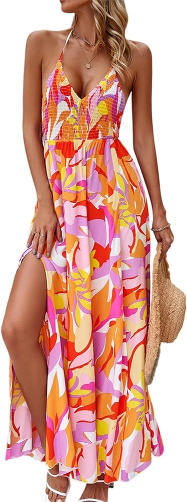 Womens Floral Backless Spaghetti Strap Halter Dress Long Flowy Summer Beach Maxi Dresses Sundress... | Amazon (US)