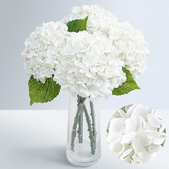 21" Real Touch White Hydrangea Artificial Flowers with Long Stem & Leaves, Full Latex Faux Hydran... | Amazon (US)