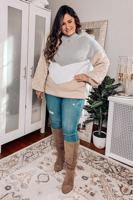 Beautiful neutral sweater with a cute chevron print! Paired with my favorite skinny jeans (under $30) and knee high boots!

Cute fall outfit
Midsize 
Size 12
Curvy
Walmart jeans
Sofia vergara 
Striped sweater
Amazon sweater
Faux suede boots 
Winter outfit
Thanksgiving outfit


#LTKSeasonal #LTKshoecrush #LTKmidsize