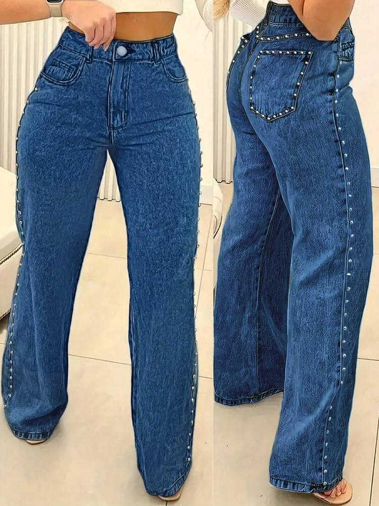 Plus Size Women Loose Straight Leg Rivet Denim Jeans | SHEIN