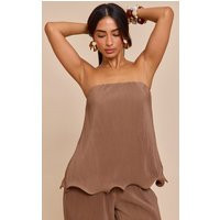 Petite Taupe Plisse Frilled edge Bandeau Top | PrettyLittleThing US