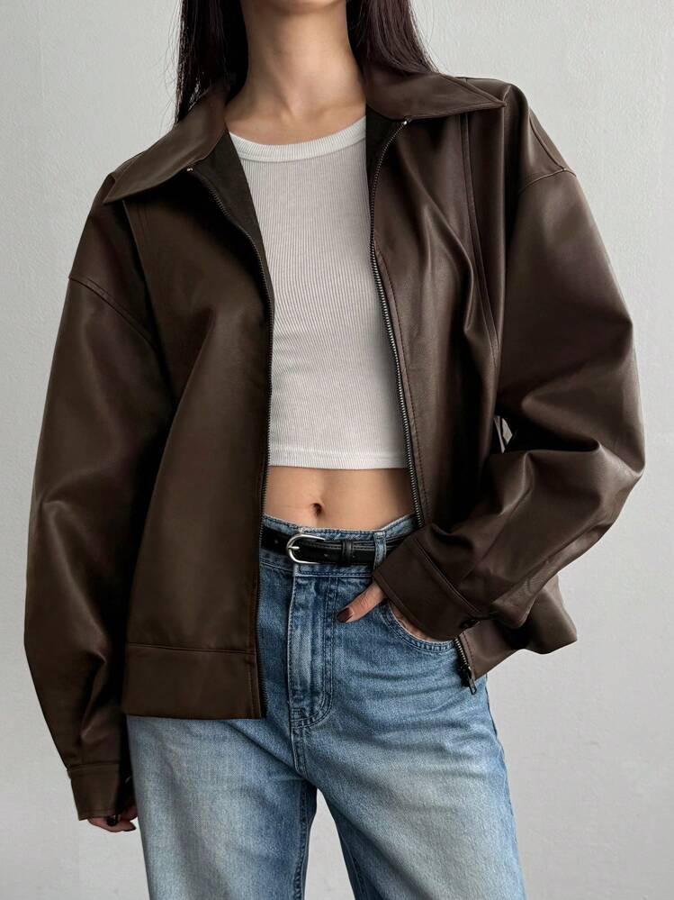 DAZY Loose Fit Casual Lapel Zip Up Motorcycle Faux Leather Jacket, Long Sleeve Oversized Outerwear | SHEIN