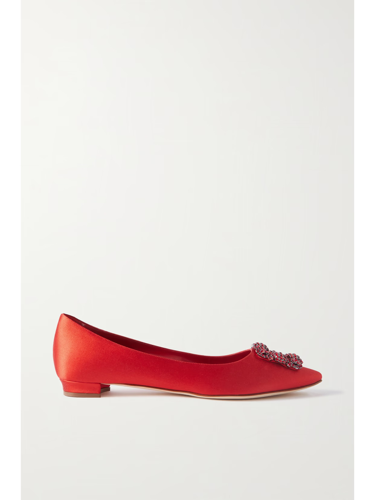 Manolo Blahnik - Hangisiflat Embellished Satin Point-toe Flats - Red | NET-A-PORTER (US)
