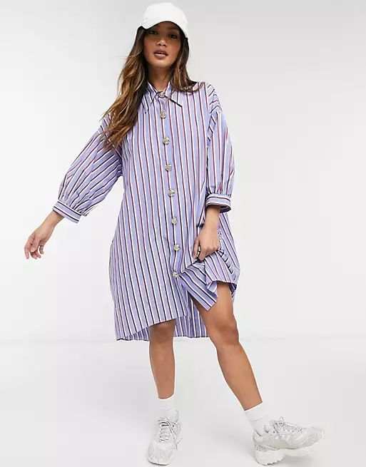 River Island oversized stripe mini shirt dress in blue | ASOS (Global)