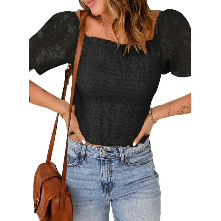 EVALESS 2023 Summer Womens Floral Lace Blouses Shirts Squre Neck Puff Short Sleeve Pullover Top S... | Walmart (US)