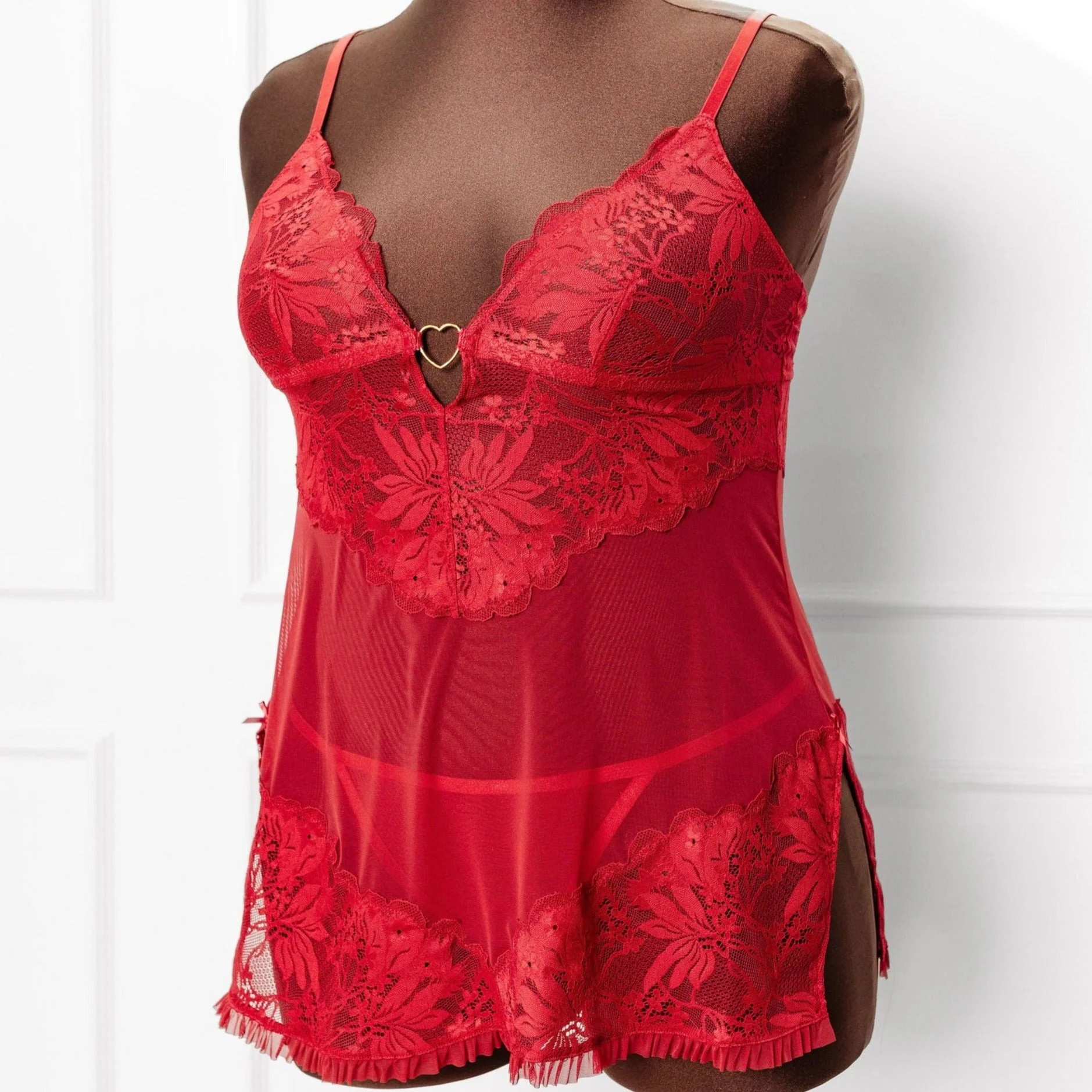 Lace & Mesh Heart Babydoll - Scarlet Red | Mentionables