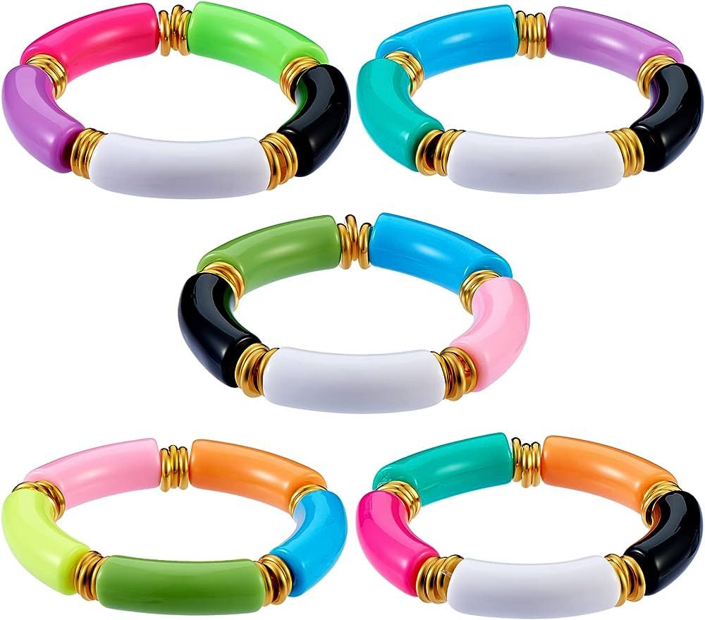 Ornaland 5 Pcs Bamboo Tube Bangles Bracelets Chunky Curved Stacking Clear Acrylic Beads Stretch B... | Amazon (US)