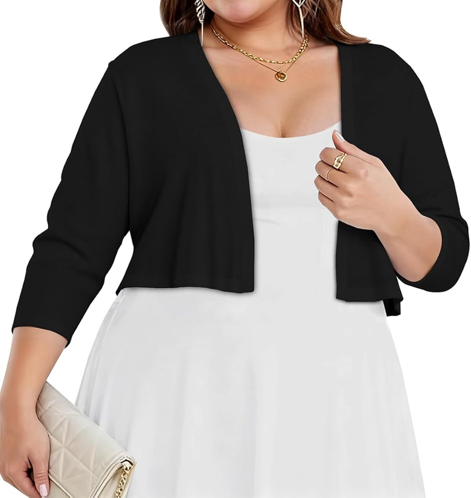 Plus Size Shrugs for Women 3/4 Sleeve Cropped Cardigan Knit Sweaters Bolero | Amazon (US)
