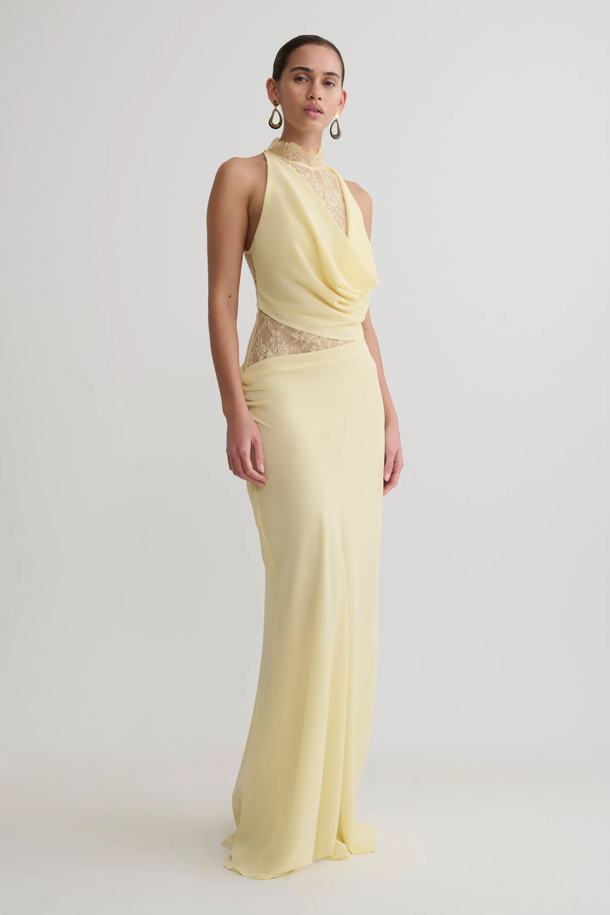 Arra Chiffon And Lace Halter Maxi Dress - Lemon | MESHKI US