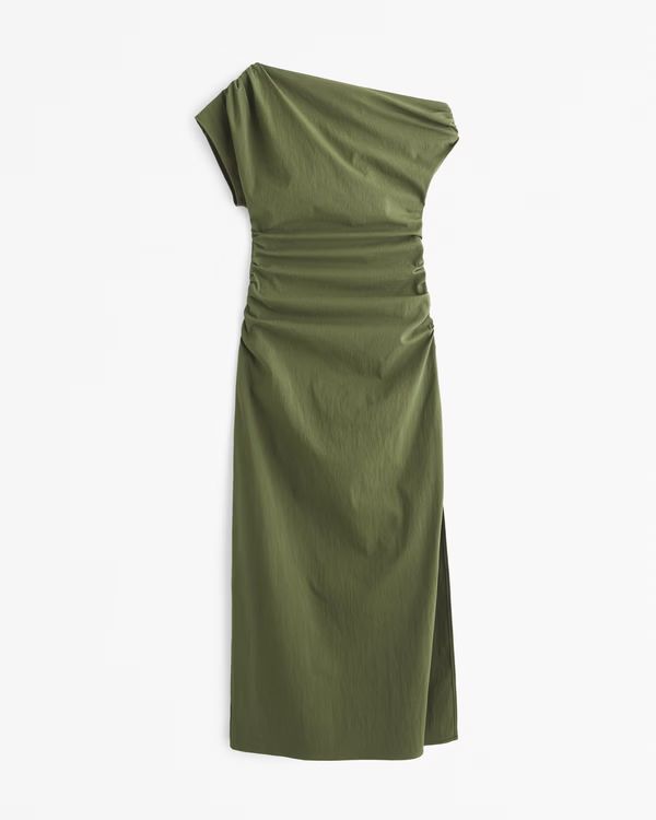 Women's Off-The-Shoulder Draped Midi Dress | Green Wedding Guest Dress | Abercrombie & Fitch (US)