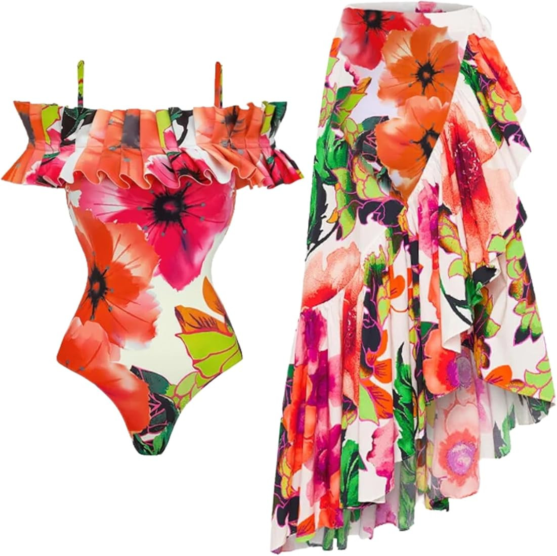 FLAXMAKER Ruffled Printed One Piece Swimsuit and Skirt | Amazon (US)