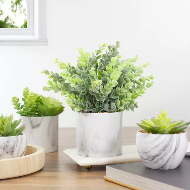Northlight 9" Green Artificial Eucalyptus in a Marble Style White Pot | Target