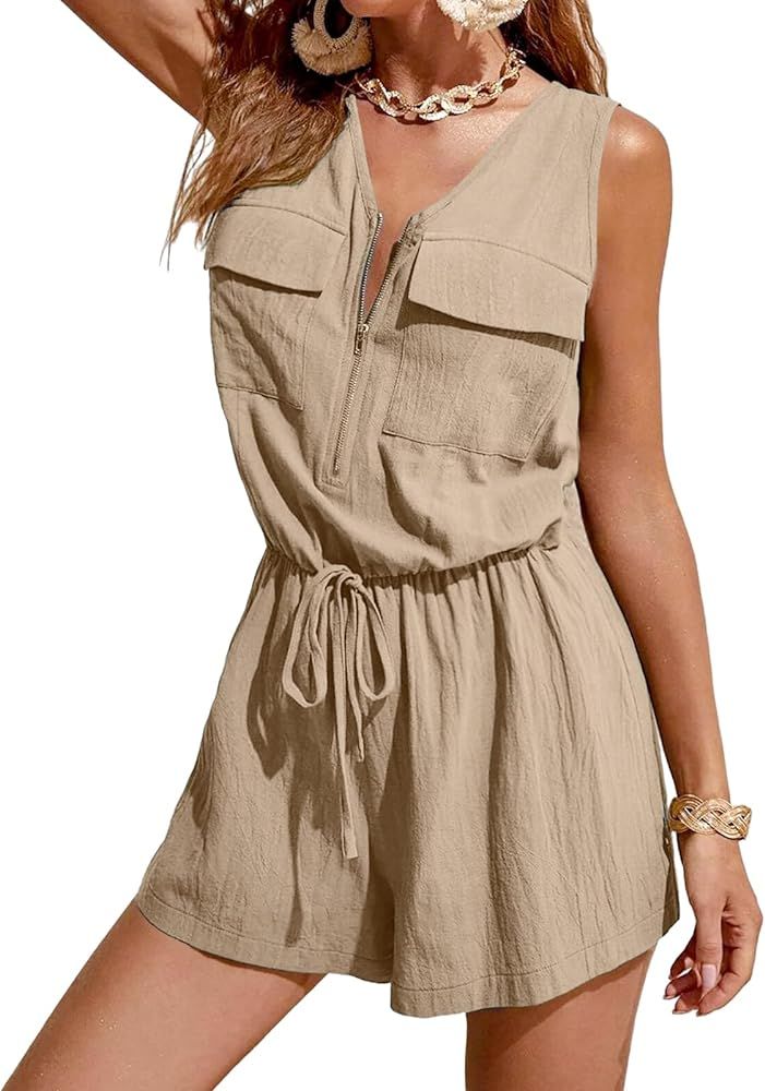 CUPSHE Zip-Up Cotton Romper Wide Leg Rompers V Neck Sleeveless Jumpsuits | Amazon (US)