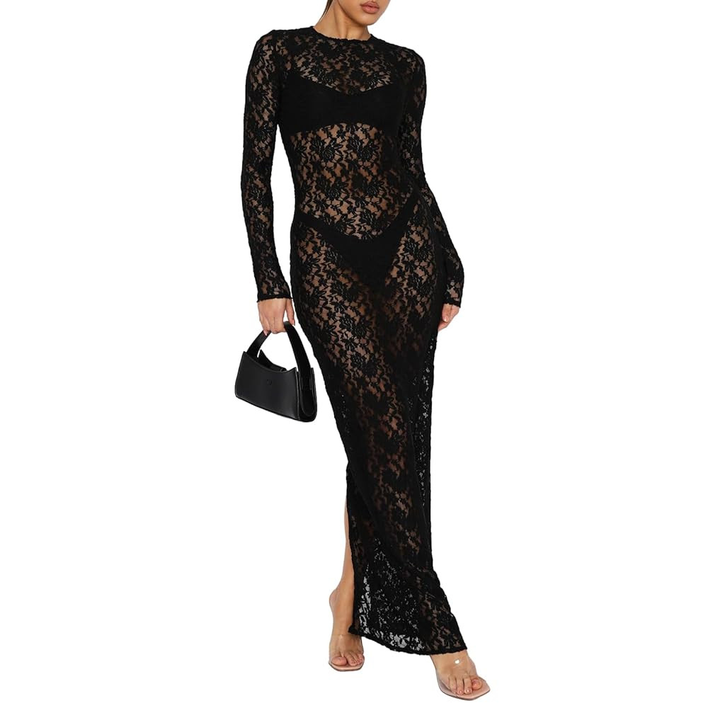 NUFIWI Women Vintage Y2k Lace Maxi Dress Long Sleeve See Through Mesh Bodycon Dress Floral Lace M... | Amazon (US)