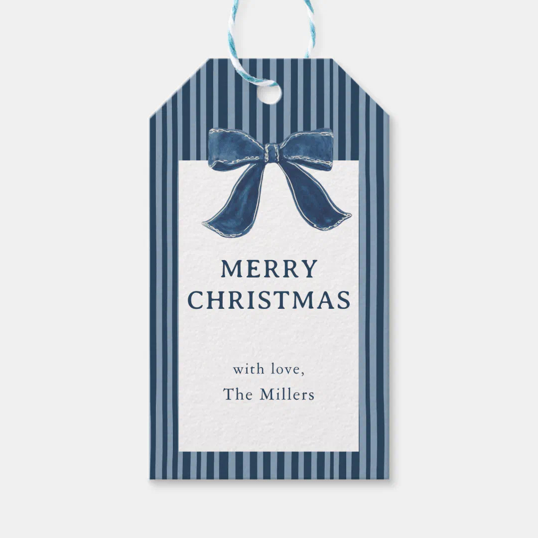 Navy Blue Stripe Bow Holiday Christmas Gift Tags  | Zazzle | Zazzle