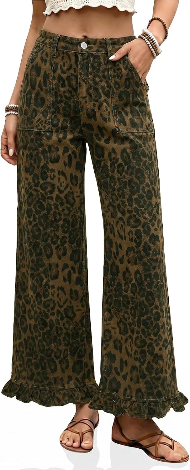 Cicy Bell Womens Ruffle Jeans Cropped High Waisted Baggy Trendy Denim Pants | Stretchy jeans with ruffles on bottom,Cheetah leopard & Polka dot print, Wide Leg bottoms with side pockets | Amazon (US)