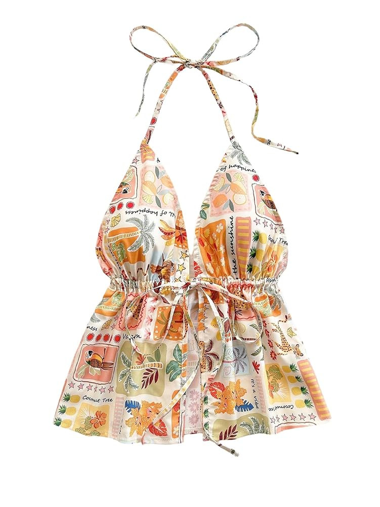 WDIRARA Women's Tropical Print Tie Front Halter Crop Top Deep V Neck Backless Ruffle Babydoll Pep... | Amazon (US)