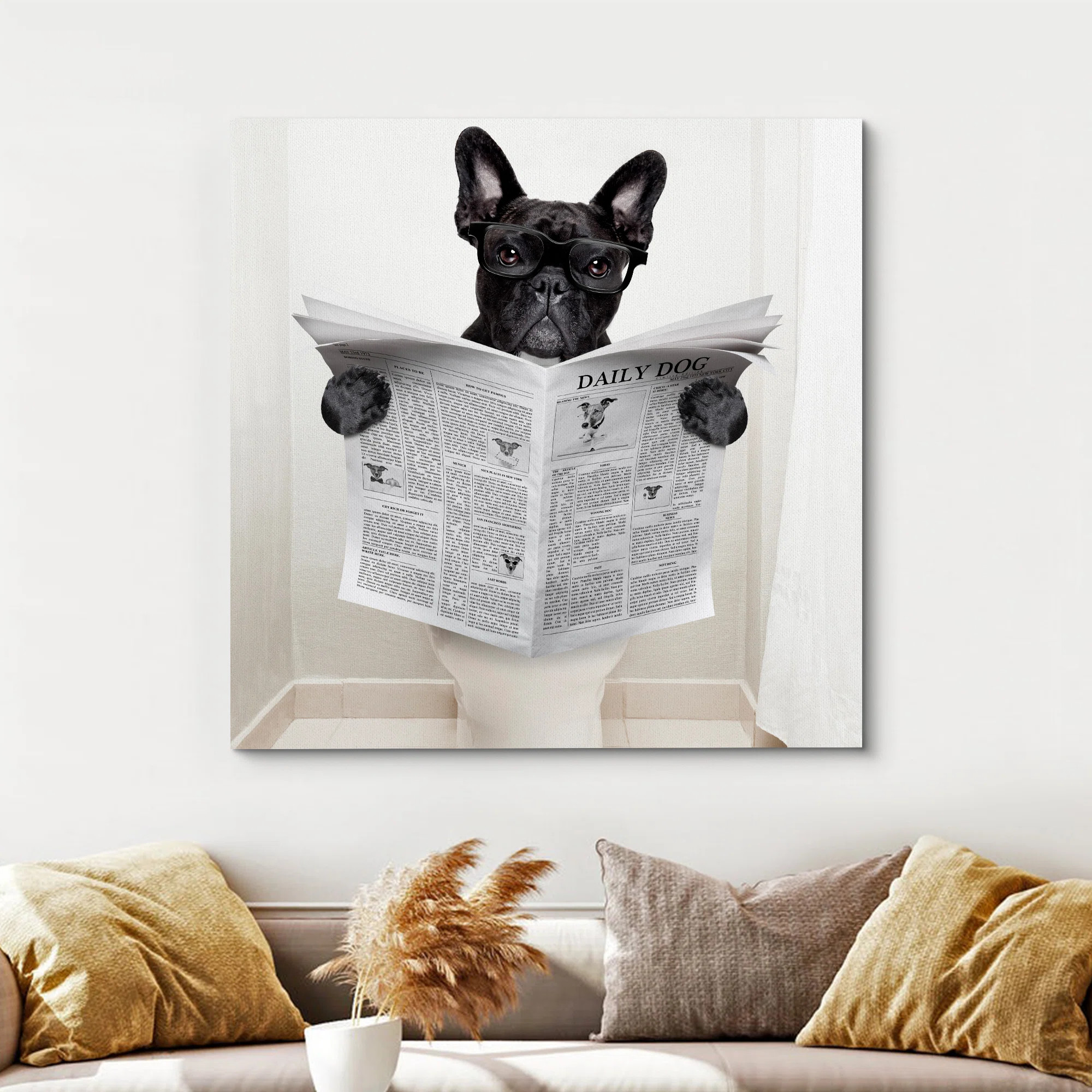 Animals Cute French Bulldog Reading Newspaper On Toilet Bathroom Decor On Canvas Print Wall Art | Wayfair North America