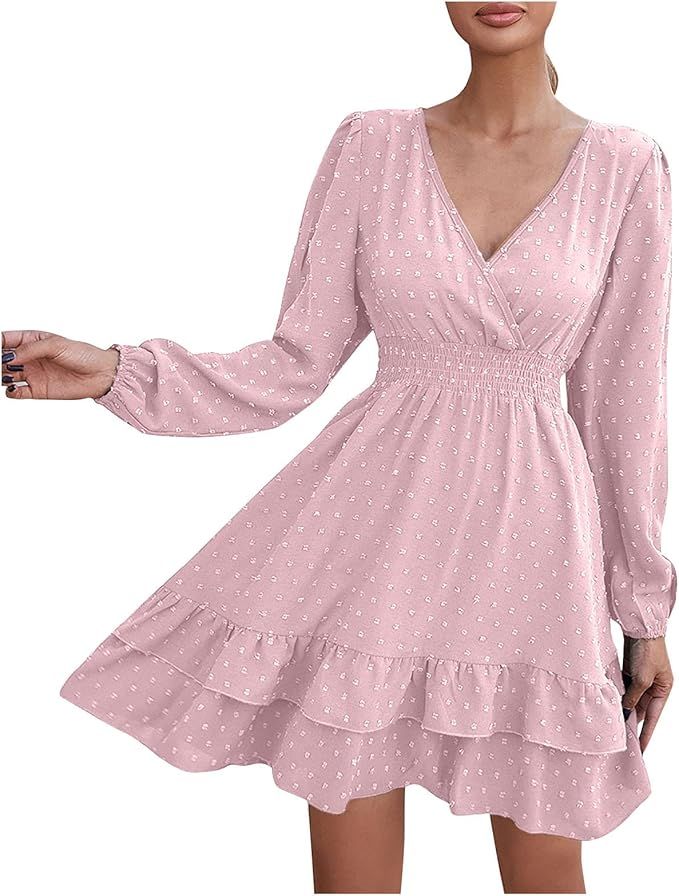 Women's Midi Dresses Sexy High Waist Long Sleeve Ruffle Slim A-Line Skirt Pullover Casual Dress F... | Amazon (US)