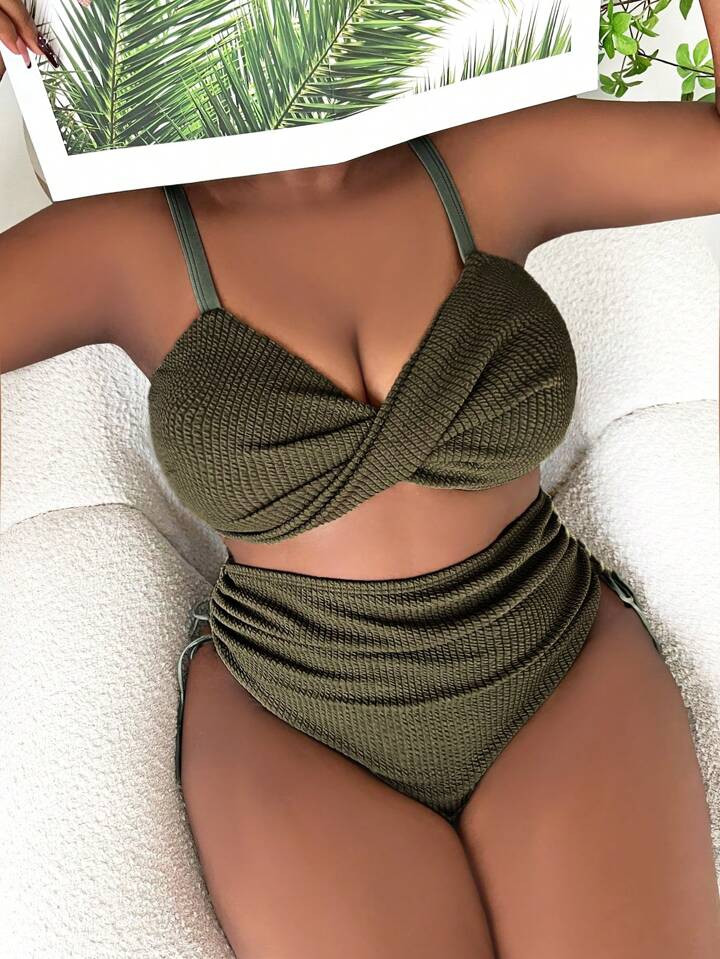 SHEIN Swim Curve Plus Twist Front Drawstring Side Bikini Swimsuit | SHEIN