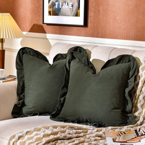 AmHoo Pack of 2 Throw Pillow Covers 100% Cotton Pre Washed Ruffle Decorative Pillowcase Cushion for Couch Sofa Bedroom 24 x 24-Inch Green | Amazon (US)
