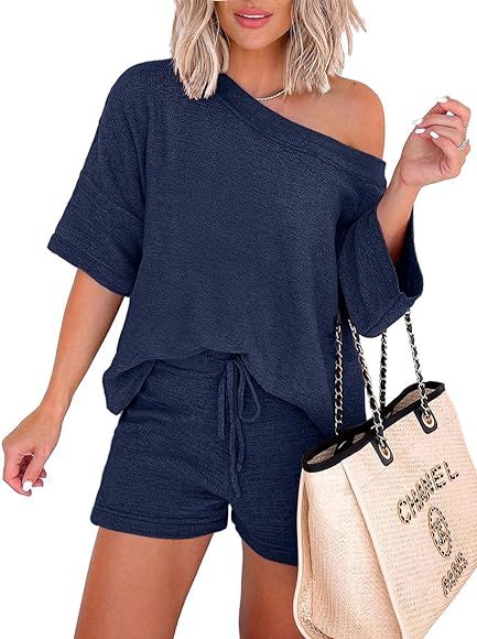 KIKIBERRY Women's 2 Piece Outfits Sweater Set Off Shoulder Casual Knit Loose Top with Short Suits | Amazon (US)