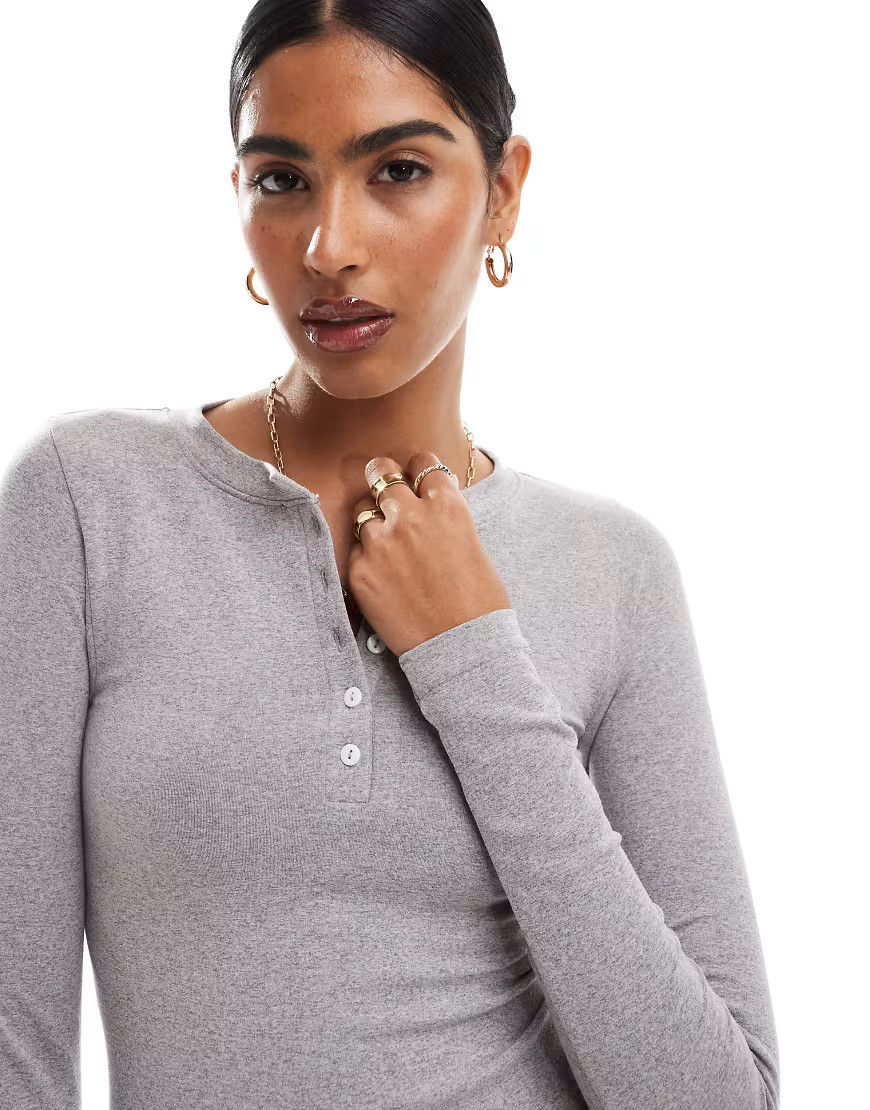 ASOS DESIGN seamless sculpting henley long sleeve top in gray heather | ASOS (Global)