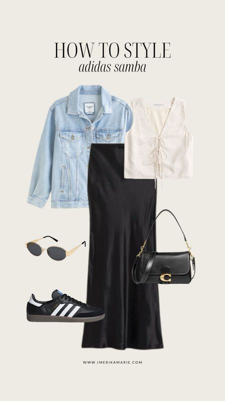 Black adidas samba outfit. Spring outfit. Summer outfit. Denim jacket. Maxi skirt. Coach tabby purse. 

#LTKstyletip #LTKfindsunder100 #LTKshoecrush