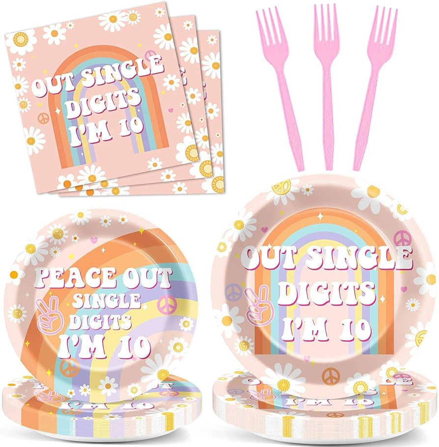 96Pcs Peace Out Single Digits I'm 10 Party Supplies Boho 10th Birthday Party Tableware Set Groovy... | Amazon (US)