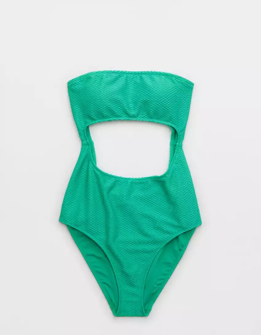 Aerie Jacquard Cut Out Strapless One Piece Swimsuit | Aerie