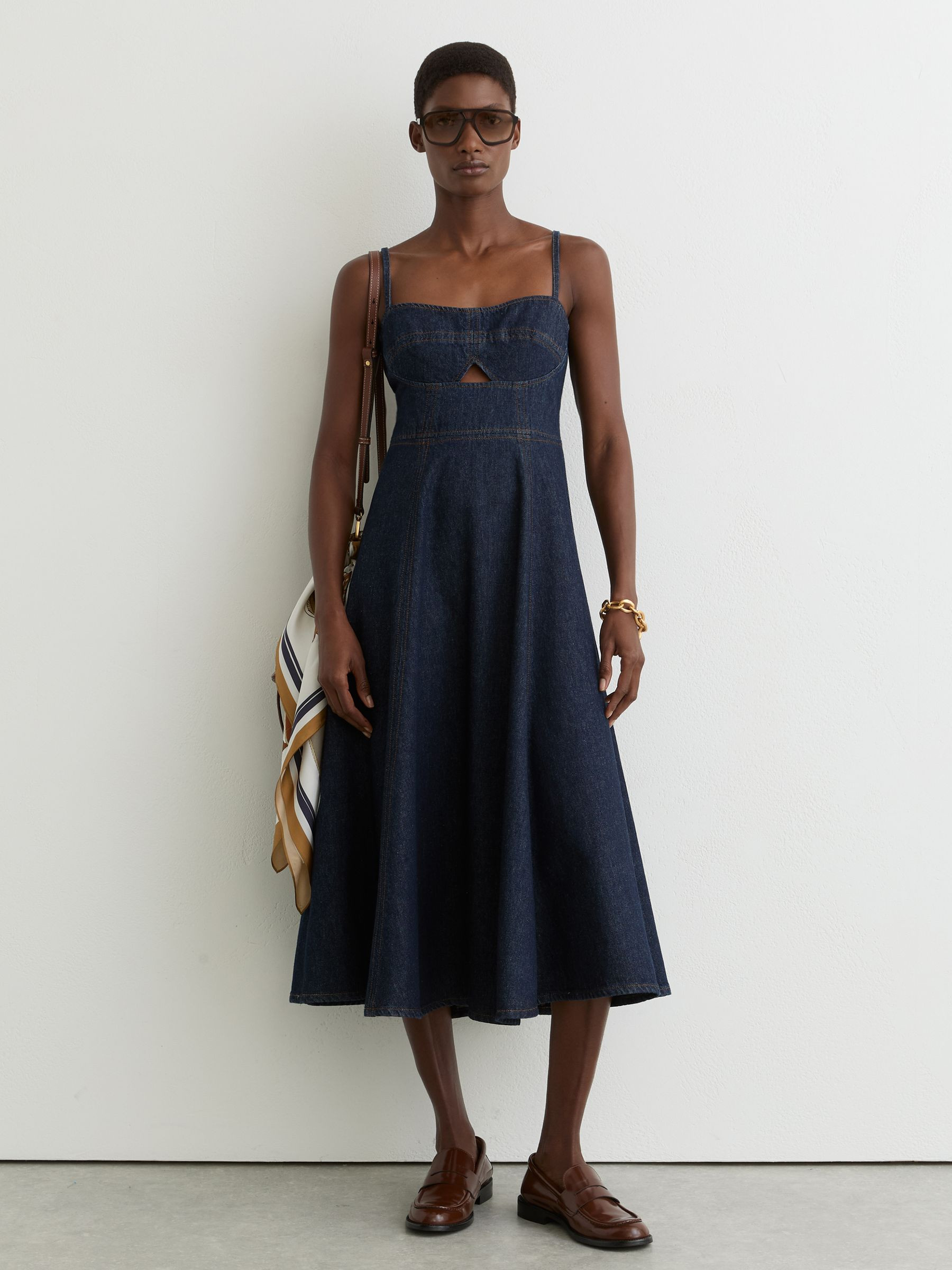 Reiss Denim Fit-and-Flare Midi Dress in Indigo Blue - REISS | Reiss UK