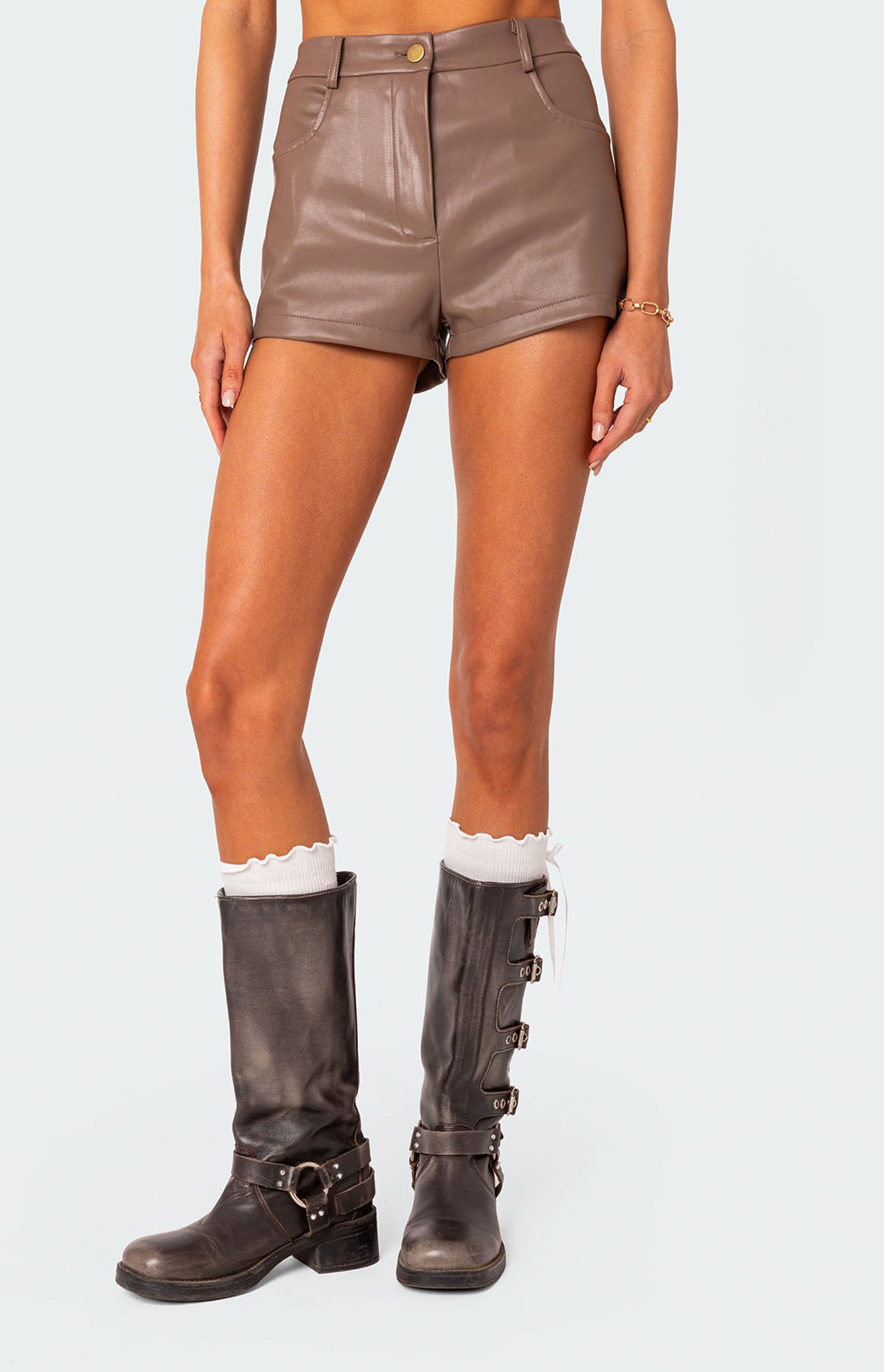 Edikted Women's Martine High Waisted Faux Leather Shorts in Brown - Size Medium | PacSun