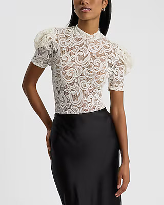 Sheer Lace Crew Neck Puff Sleeve Bodysuit | Express