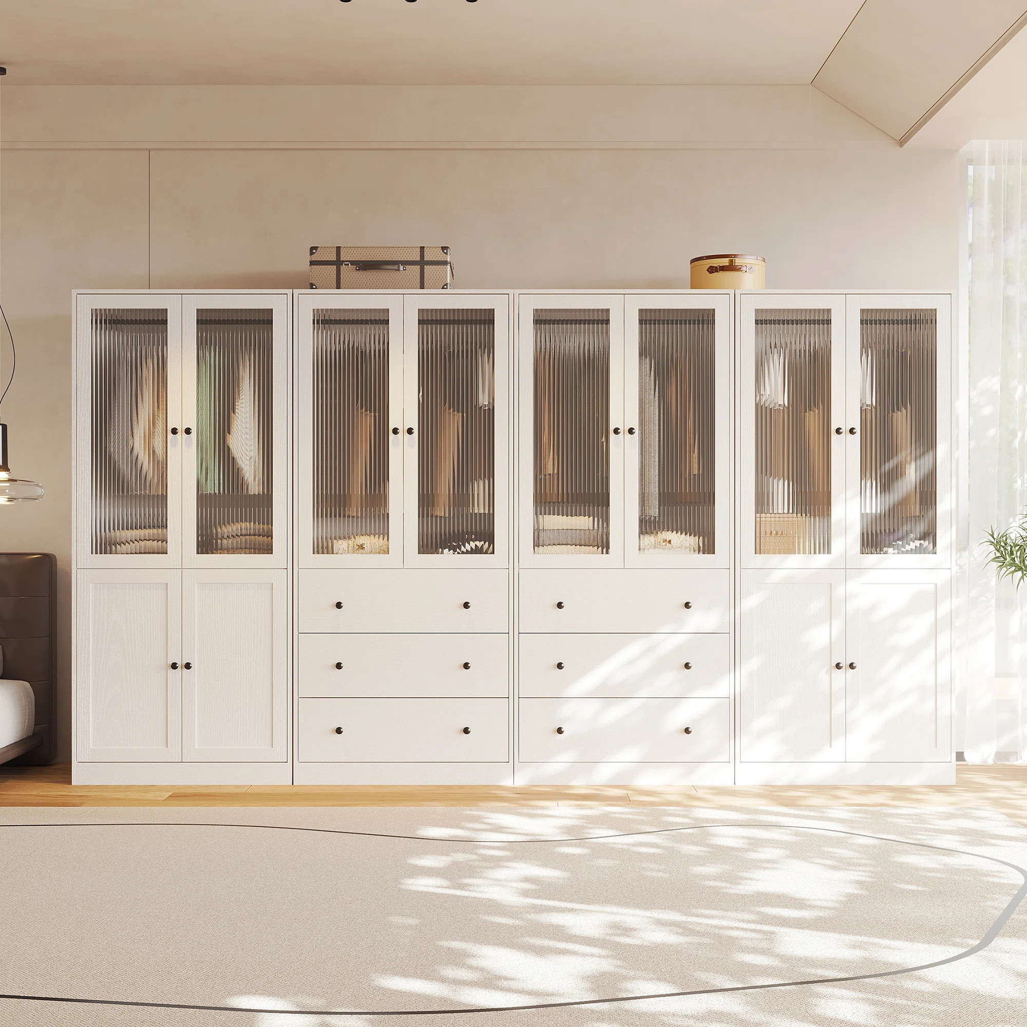 20"D x 126"W x 71"H Modern Armoire With Soft-Close Doors — Fluted Glass Wardrobe Closet With Shelves & Drawers | Wayfair North America