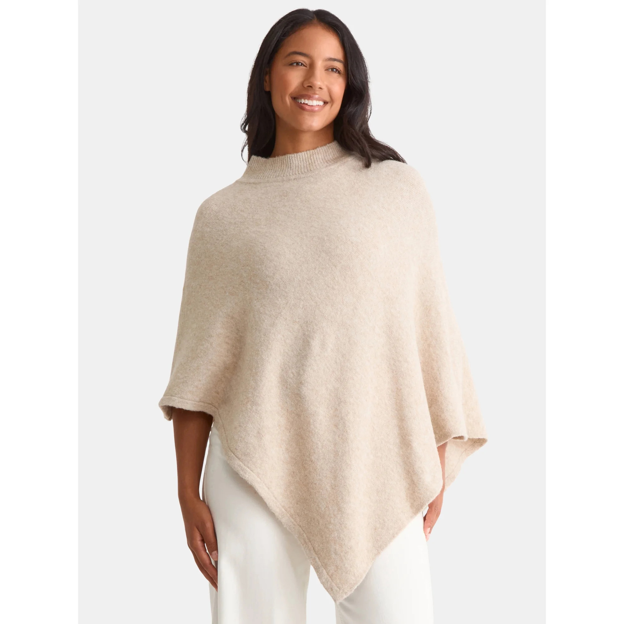 Time and Tru Women's Mock Neck Poncho, L/XL, Oatmeal | Walmart (US)