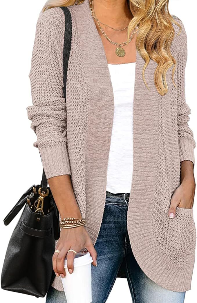 YIBOCK Womens Long Sleeve Open Front Waffle Chunky Knit Cardigan Sweater Outwear with Pockets | Amazon (US)